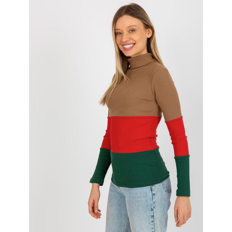 Női csíkos blúz, garbó MIDA sötétbarna piros