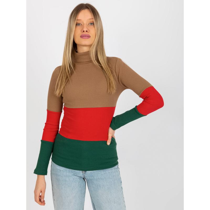 Női csíkos blúz, garbó MIDA sötétbarna piros