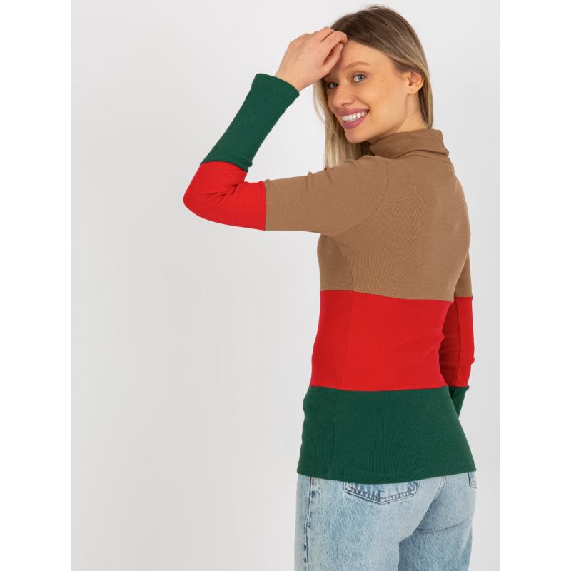 Női csíkos blúz, garbó MIDA sötétbarna piros