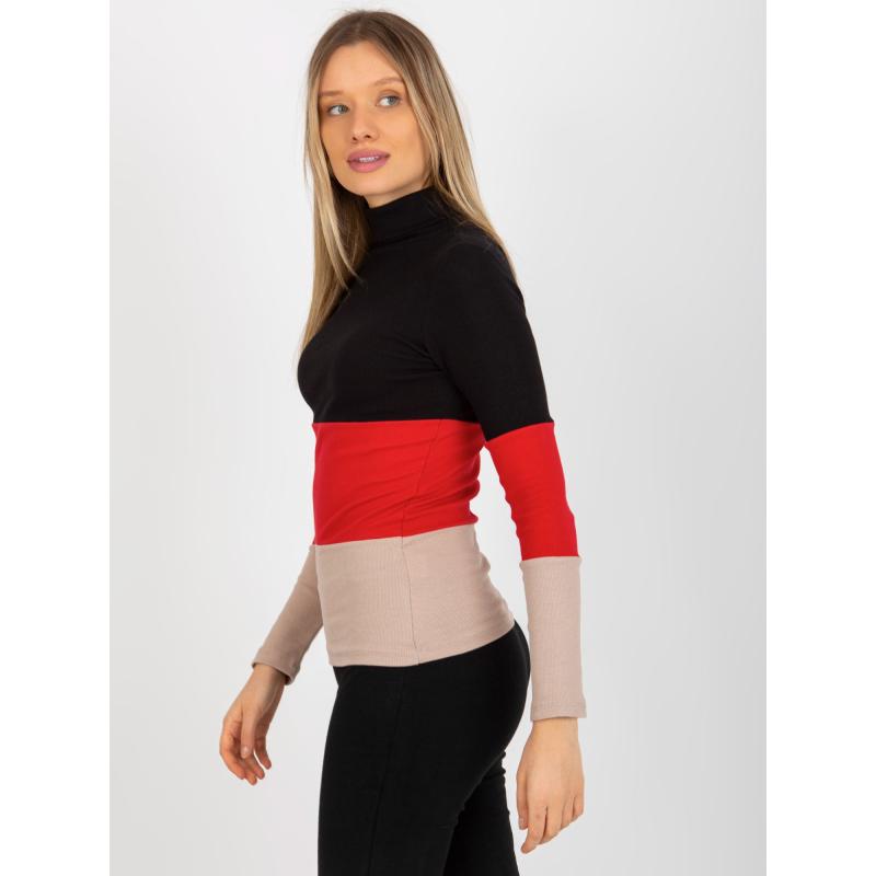 Női csíkos blúz garbóval MIDA fekete-piros