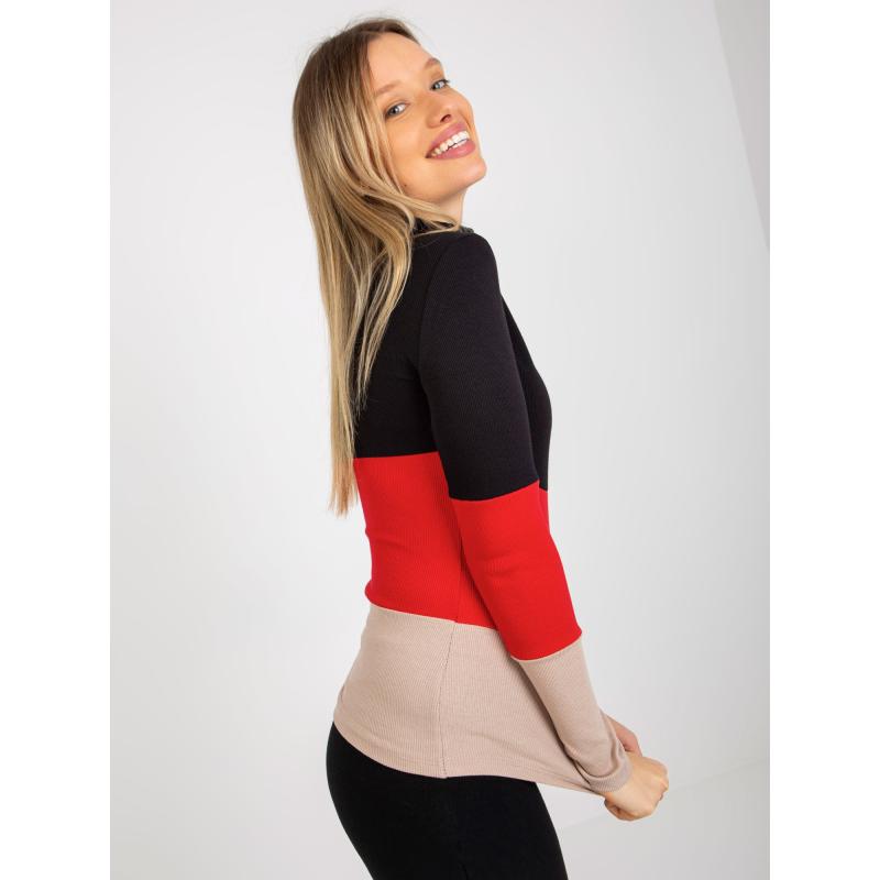 Női csíkos blúz garbóval MIDA fekete-piros