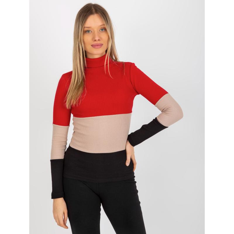 Női csíkos blúz garbóval MIDA piros-fekete