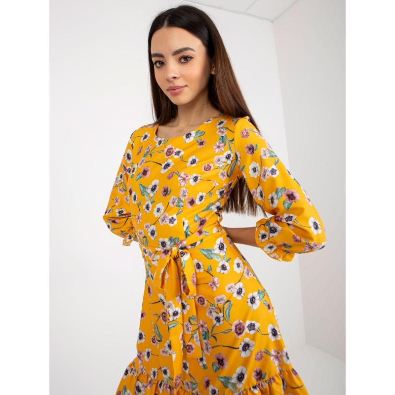 Női ruha nyakkendővel és fodrokkal LIWA sötétsárga