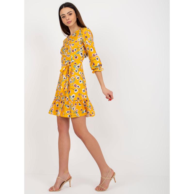 Női ruha nyakkendővel és fodrokkal LIWA sötétsárga