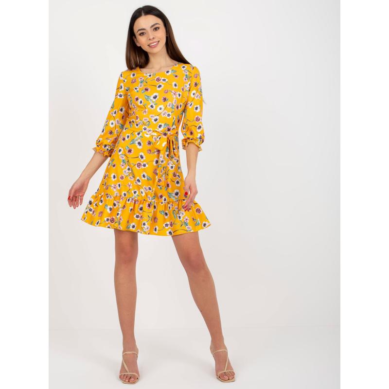 Női ruha nyakkendővel és fodrokkal LIWA sötétsárga