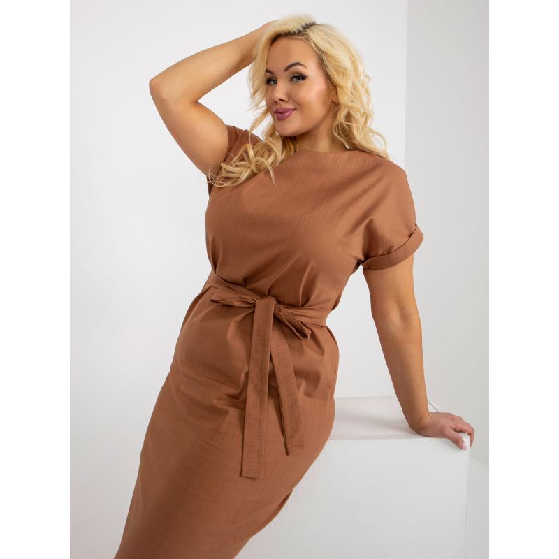Dámské šaty s krátkými rukávy plátěné plus size HILMAR světle hnědé  