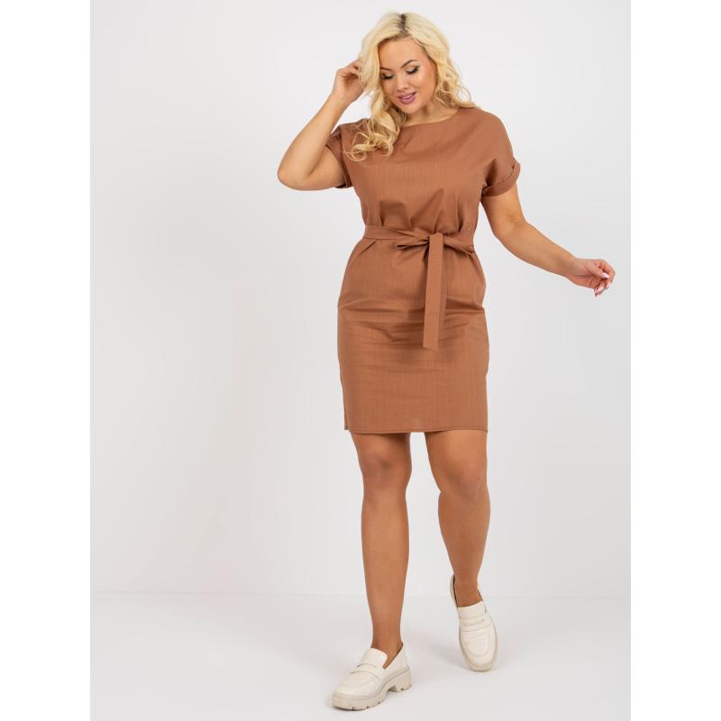 Dámské šaty s krátkými rukávy plátěné plus size HILMAR světle hnědé  