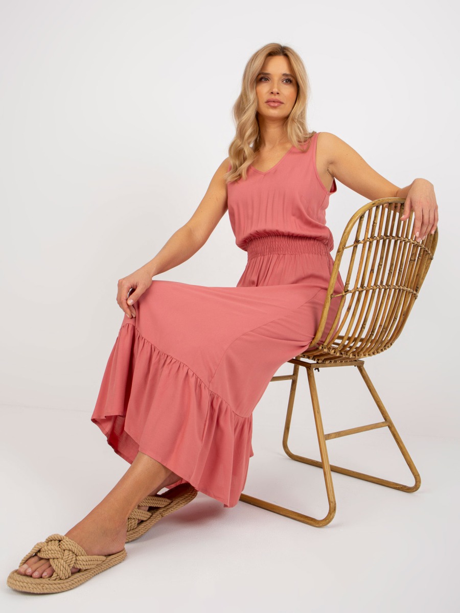 Dámske šaty s volánikom a elastickým pásom FRESH MADE tmavo ružové