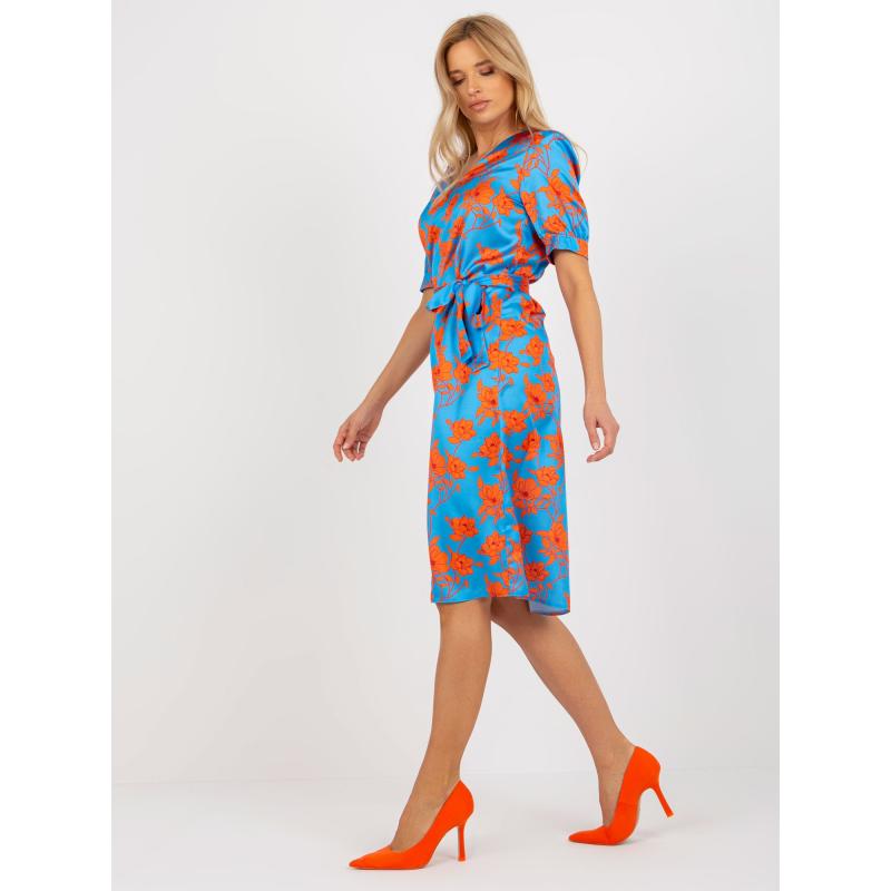 Női midi koktélruha nyakkendővel TILMANA kék és narancssárga