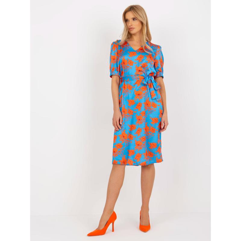 Női midi koktélruha nyakkendővel TILMANA kék és narancssárga