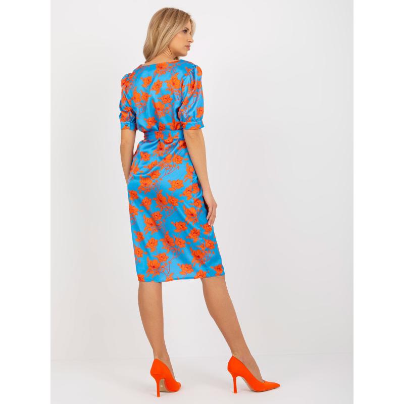 Női midi koktélruha nyakkendővel TILMANA kék és narancssárga