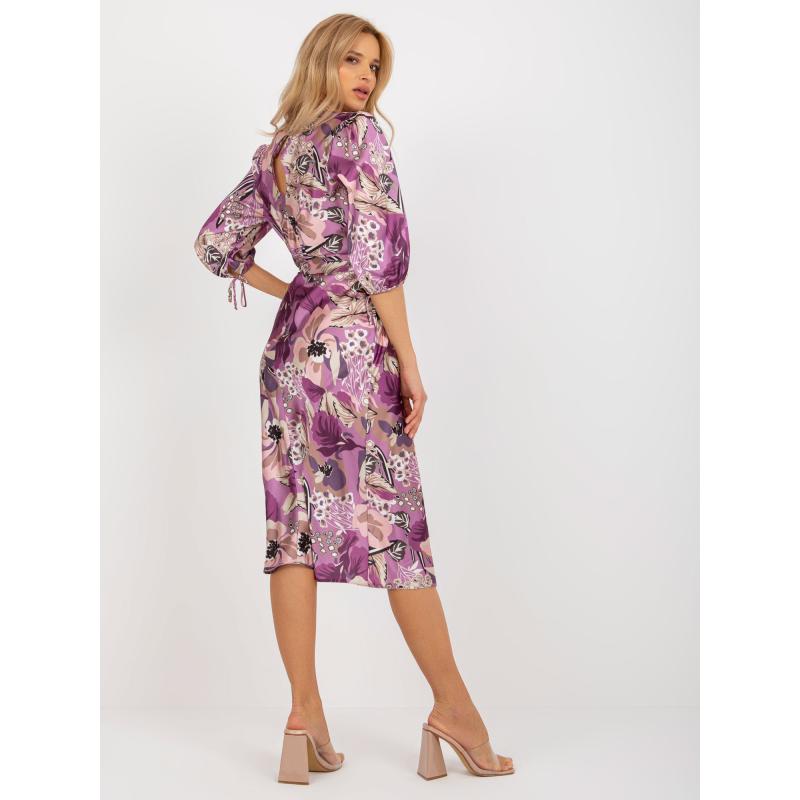 Dámské šaty s vázáním midi květinové koktejlové VINZA fialové  