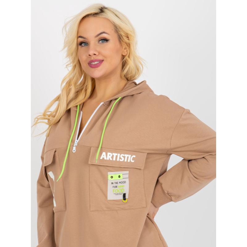 Dámská mikina s kapucí delší plus size PAULINA hnědé 