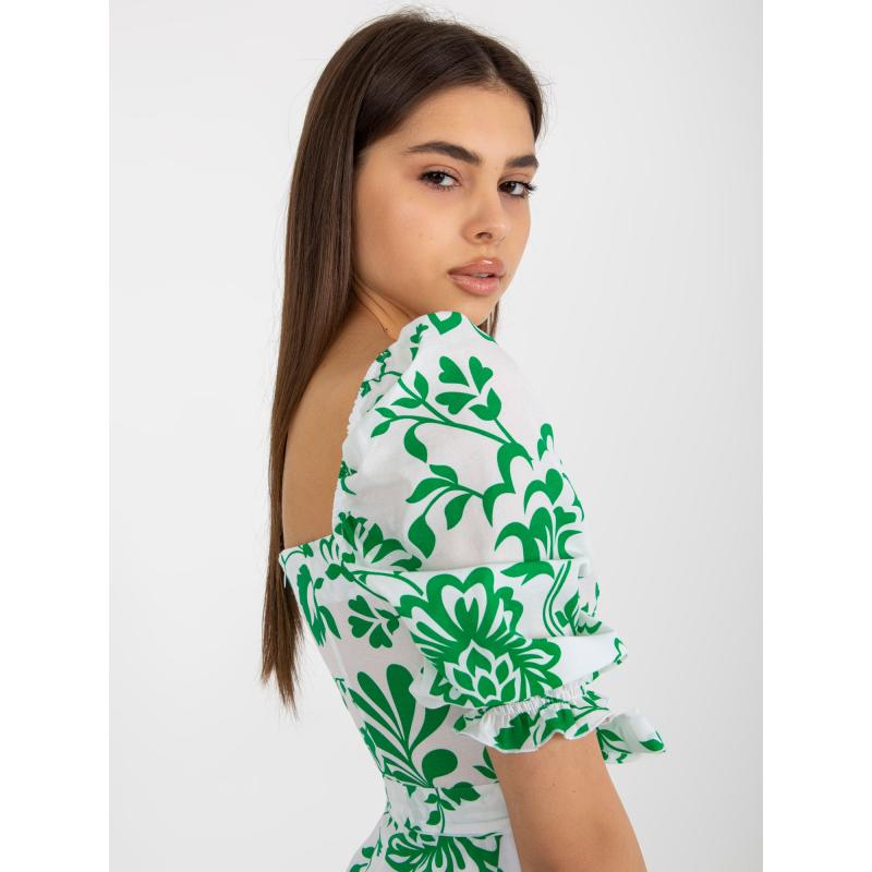 Női övvel díszített, mintás midi ruha ALABA fehér és zöld
