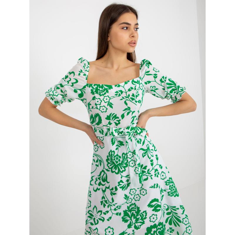 Női övvel díszített, mintás midi ruha ALABA fehér és zöld