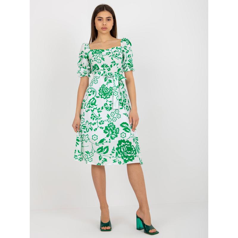 Női övvel díszített, mintás midi ruha ALABA fehér és zöld