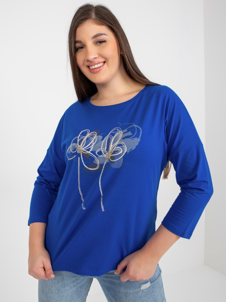 Dámska blúzka s potlačou a kamienkami plus size ALBINIA tmavo modrá