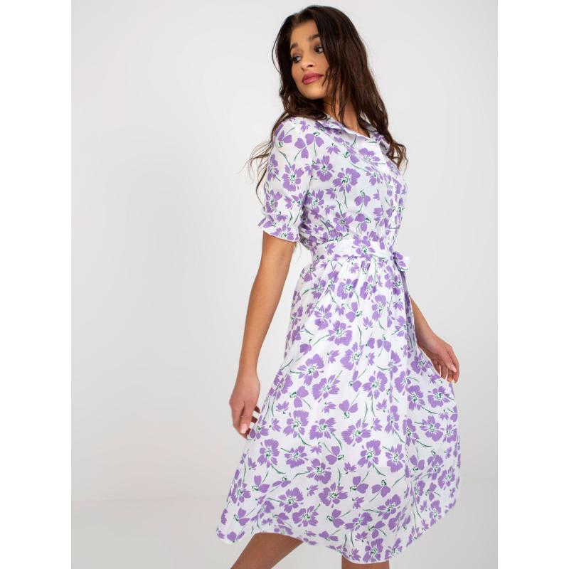 Dámské šaty s páskem květované midi OLIVIA bílé a fialové 