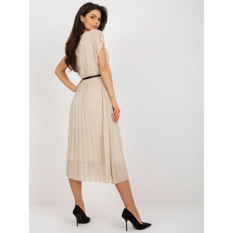 Dámské šaty s plisováním midi rozšířené ERVINA béžové  