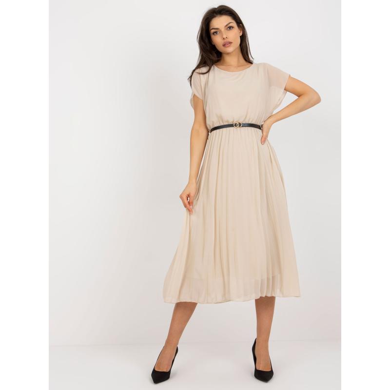 Dámské šaty s plisováním midi rozšířené ERVINA béžové  