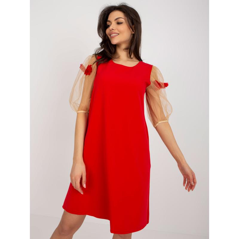 Dámské šaty s 3D květy ZITA červeno-karamelové 
