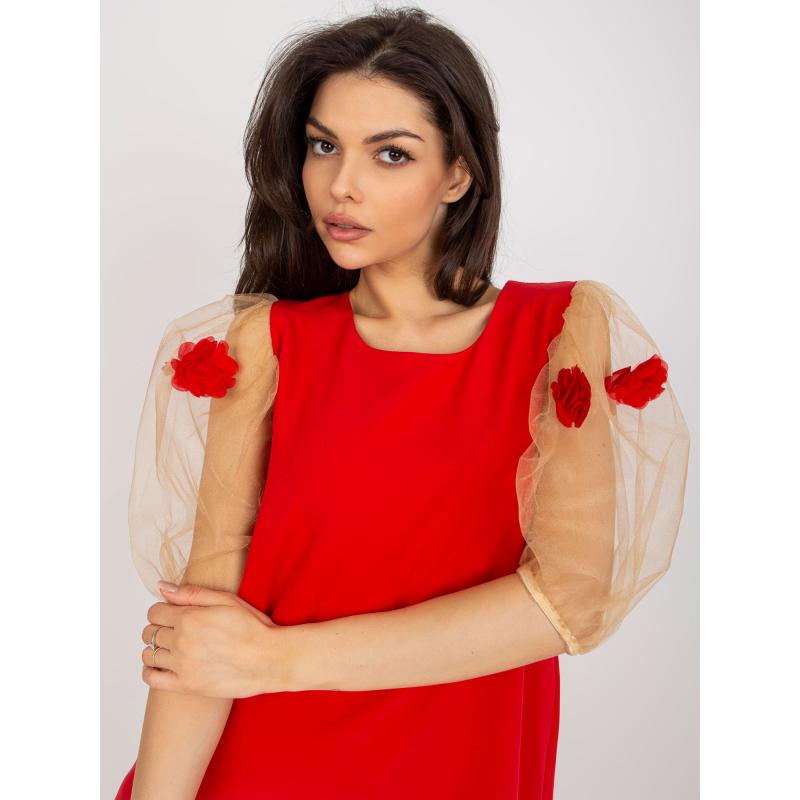 Női ruha 3D-s virágokkal ZITA piros-karamell