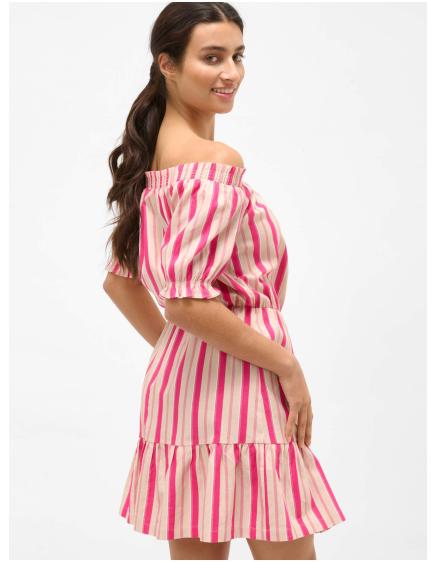 Růžové pruhované lněné šaty s odhalenými rameny