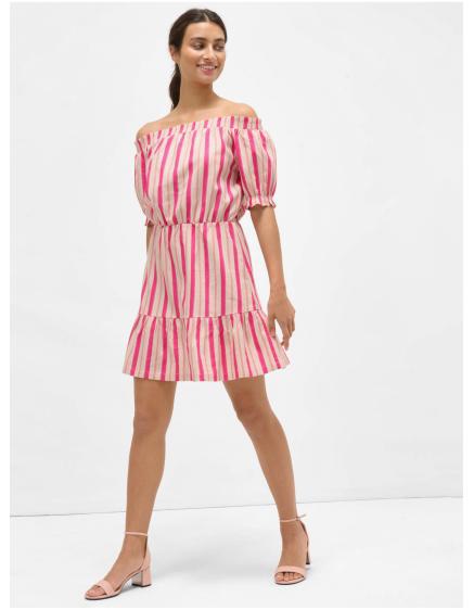 Růžové pruhované lněné šaty s odhalenými rameny