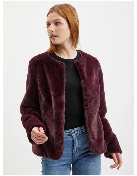 Dámsky bordový kabát z umelej kožušiny