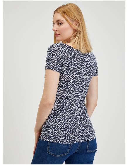 Tmavě modré dámské květované tričko
