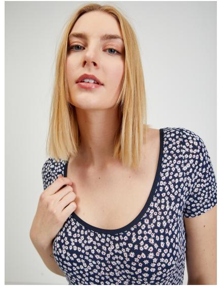 Tmavě modré dámské květované tričko