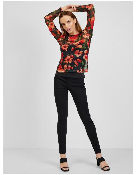 Červeno-černé dámské květované tričko