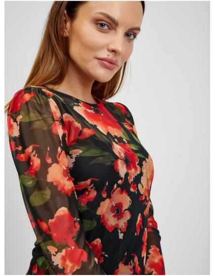 Červeno-černé dámské květované tričko