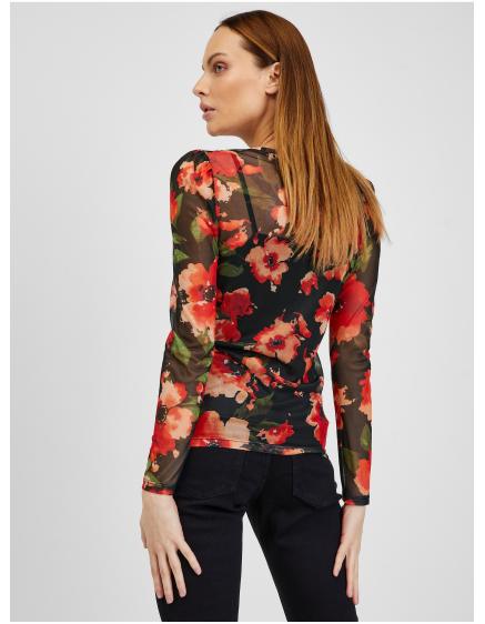 Červeno-černé dámské květované tričko