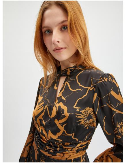 Hnědo-černé dámské květované saténové šaty