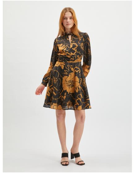 Hnědo-černé dámské květované saténové šaty
