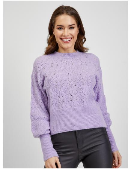 Világos lila női mintás pulóver ballonos ujjal