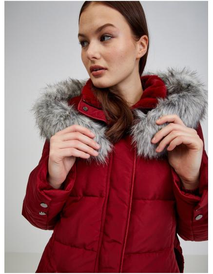 Vínový dámský péřový zimní kabát s kapucí a umělým kožíškem