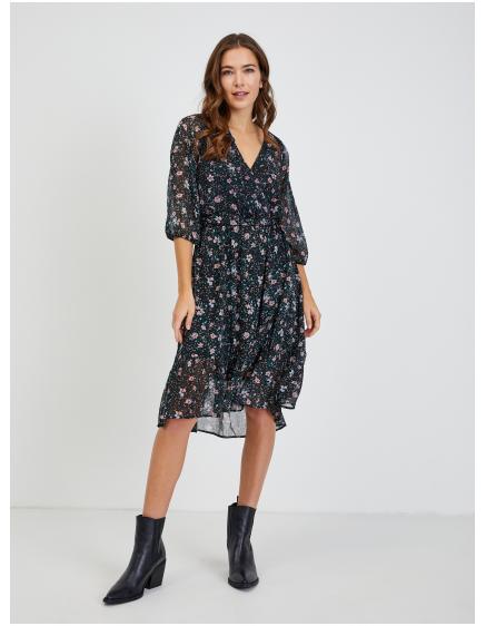 Čierne dámske kvetinové šaty so zaväzovaním