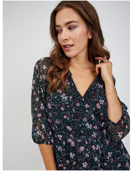 Čierne dámske kvetinové šaty so zaväzovaním