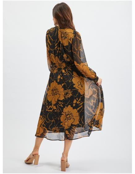 Hnědo-černé dámské květované midišaty