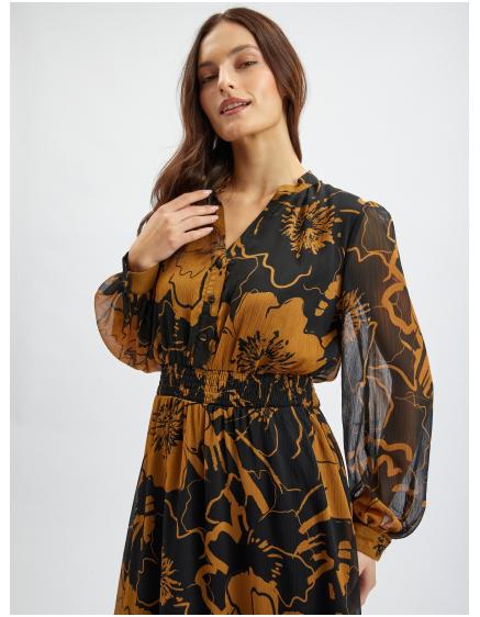 Hnědo-černé dámské květované midišaty