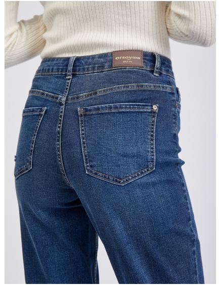 Tmavomodré dámske džínsy s výstrihom Mom Fit