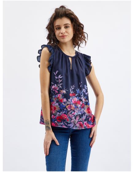 Sötétkék női virágos blúz fodorral