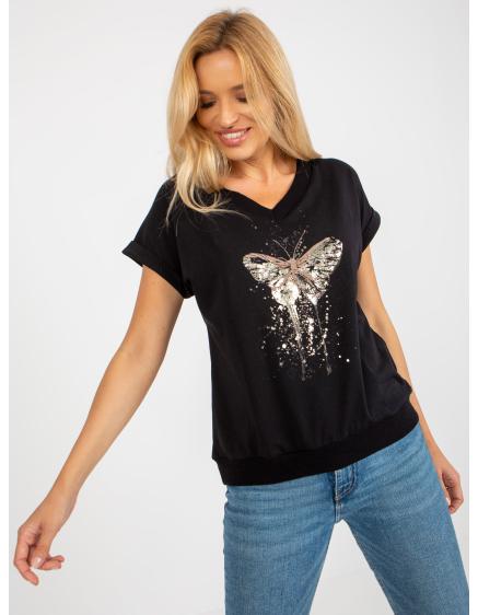 Női nyomtatott V-nyakú blúz RUE PARIS fekete