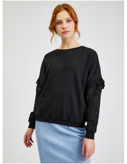 Fekete női pulóver díszes ujjakkal