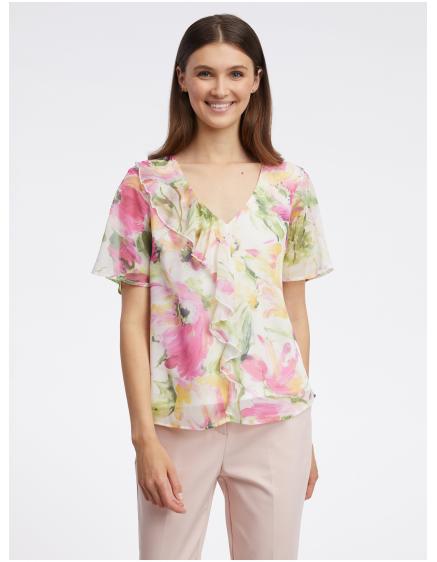 Rózsaszín és fehér női virágos blúz