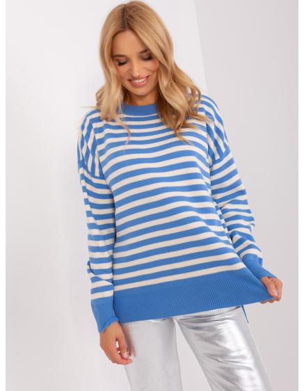 Női plus size pulóver csíkokkal TAN kék és ekrü színben