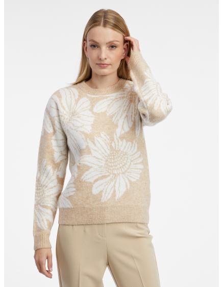 Bílo-béžový dámský květovaný svetr