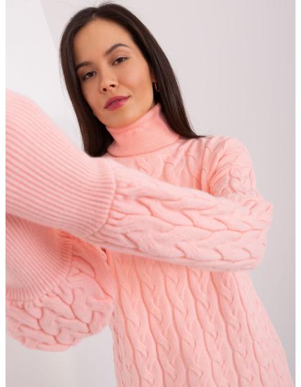 Dámský svetr s rolákem a žebrovanými lemy AGEL broskvový 